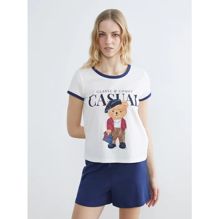 LCW DREAM Lacivert Ayı Teddy Baskılı Kadın Şortlu Pijama Takımı