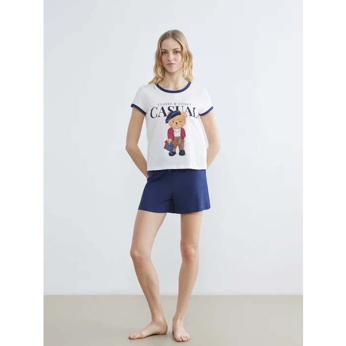 LCW DREAM Lacivert Ayı Teddy Baskılı Kadın Şortlu Pijama Takımı