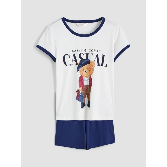 LCW DREAM Lacivert Ayı Teddy Baskılı Kadın Şortlu Pijama Takımı