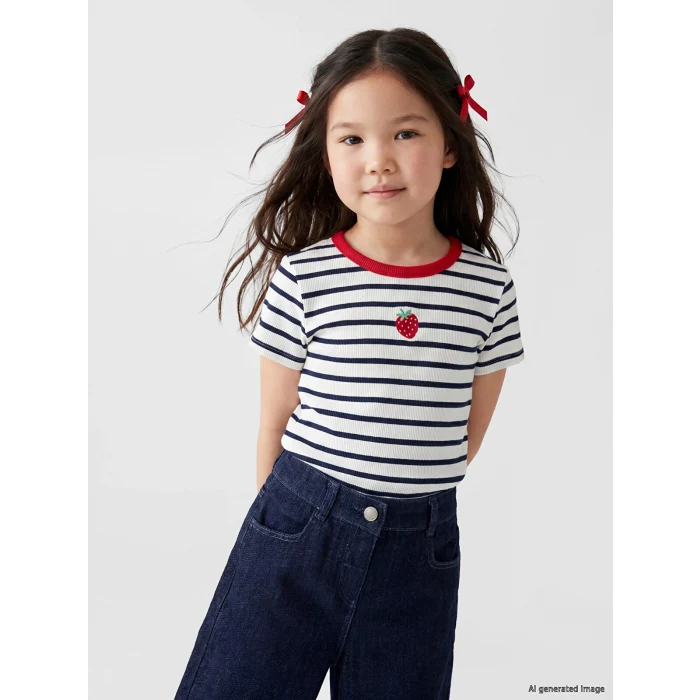LCW Kids Lacivert Bisiklet Yaka Çizgili Kız Çocuk Tişört