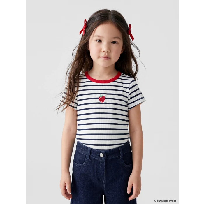 LCW Kids Lacivert Bisiklet Yaka Çizgili Kız Çocuk Tişört