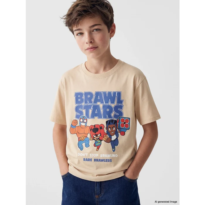 LCW Kids Bej Bisiklet Yaka Brawl Stars Baskılı Erkek Çocuk Tişört