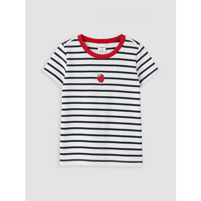 LCW Kids Lacivert Bisiklet Yaka Çizgili Kız Çocuk Tişört
