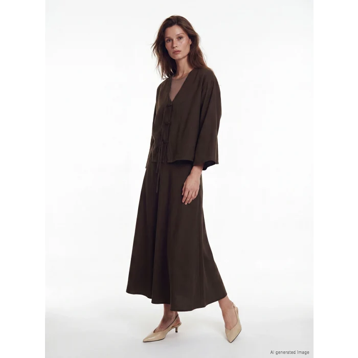 LCW Modest Kahverengi V Yaka Modal Dokulu Kadın Kimono
