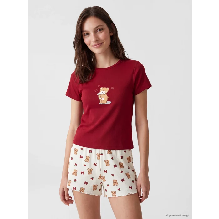 LCW Young Ekru Baskılı Kadın Şortlu Pijama Takımı