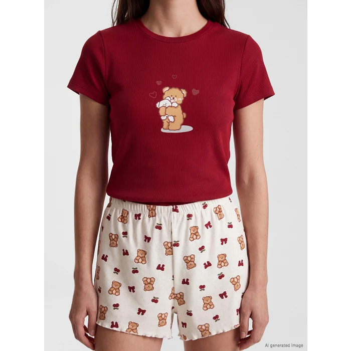 LCW Young Ekru Baskılı Kadın Şortlu Pijama Takımı