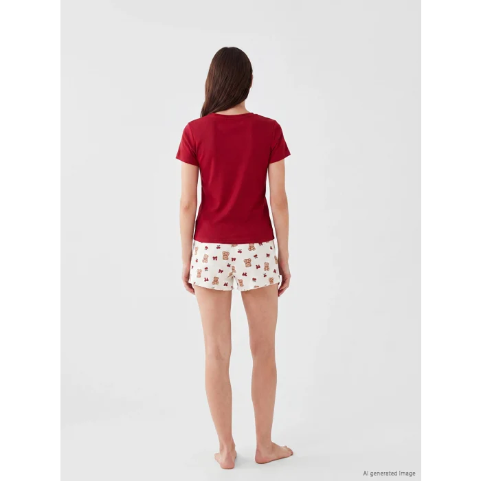 LCW Young Ekru Baskılı Kadın Şortlu Pijama Takımı