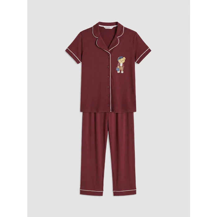 LCW DREAM Bordo Ayı Teddy Baskılı Kadın Pijama Takım