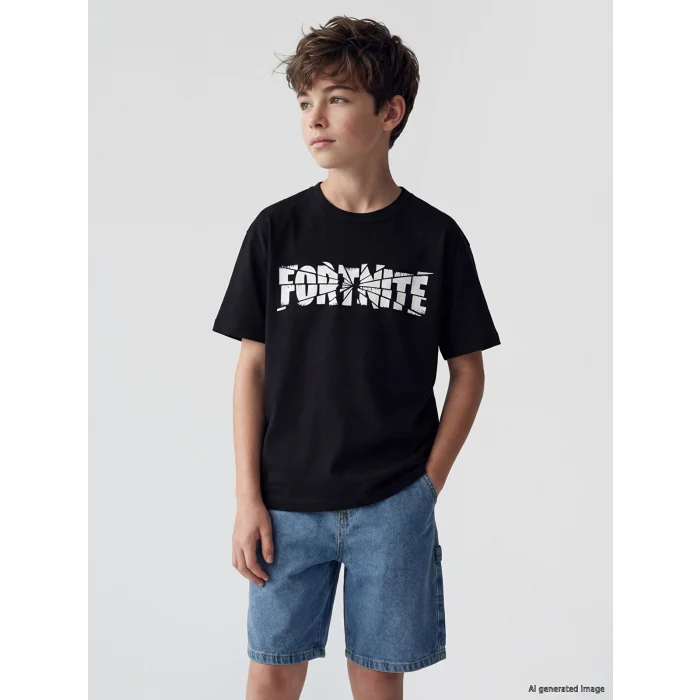 LCW Kids Siyah Bisiklet Yaka Fortnite Baskılı Erkek Çocuk Tişört