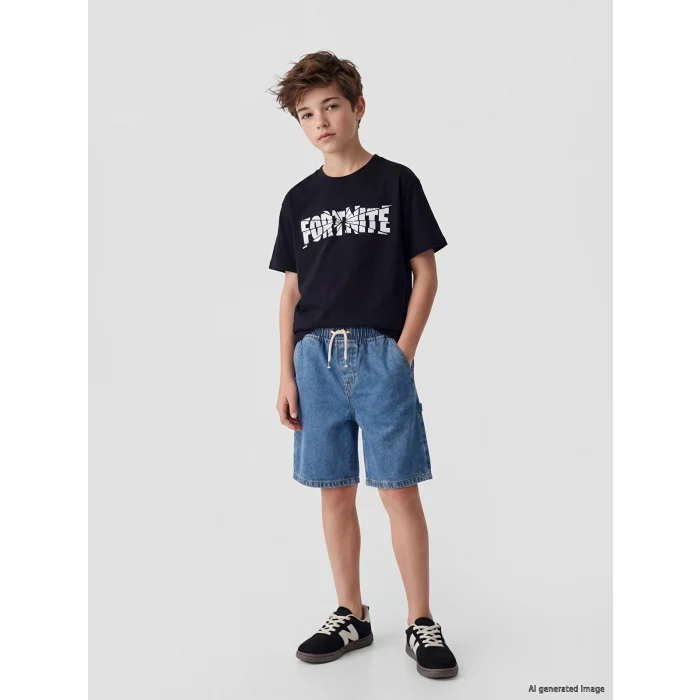 LCW Kids Siyah Bisiklet Yaka Fortnite Baskılı Erkek Çocuk Tişört