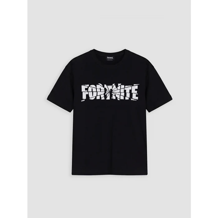 LCW Kids Siyah Bisiklet Yaka Fortnite Baskılı Erkek Çocuk Tişört