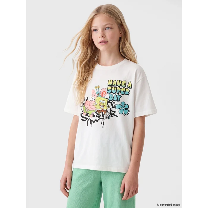 LCW Kids Beyaz Sünger Bob Baskılı Kız Çocuk Tişört