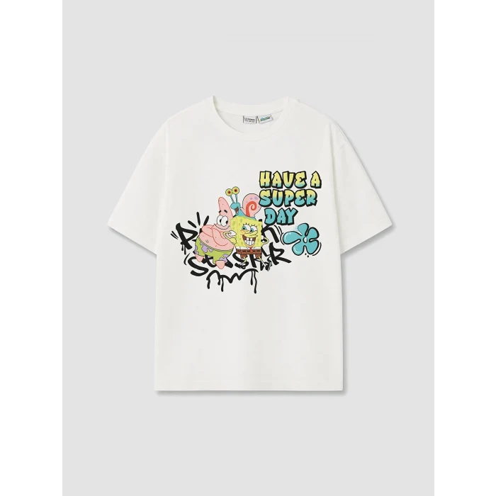 LCW Kids Beyaz Sünger Bob Baskılı Kız Çocuk Tişört