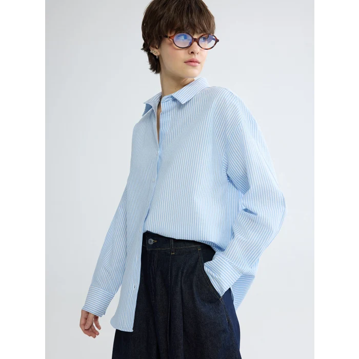 XSIDE Mavi Çizgili Oversize Poplin Kadın Gömlek
