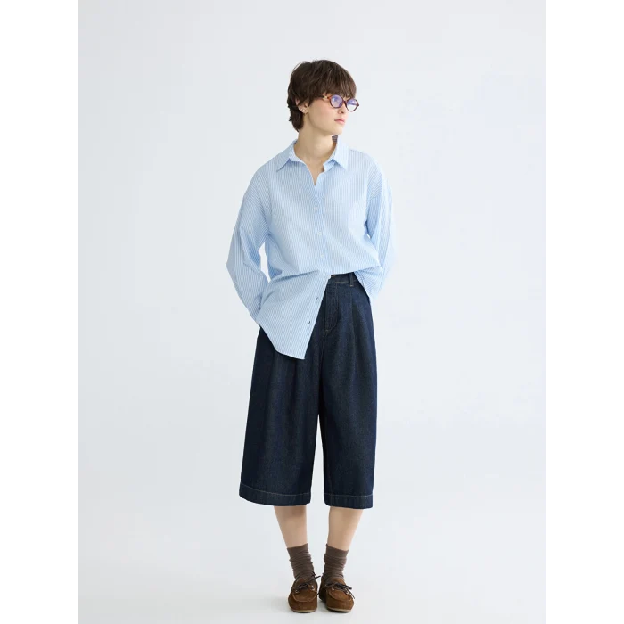 XSIDE Mavi Çizgili Oversize Poplin Kadın Gömlek