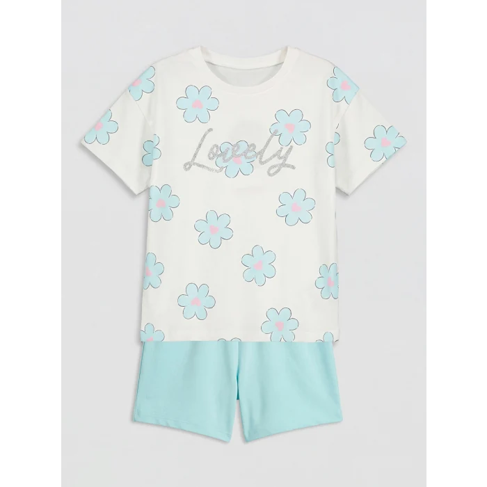 LCW Kids Ekru Simli Çiçekli Kız Çocuk Şortlu Takım