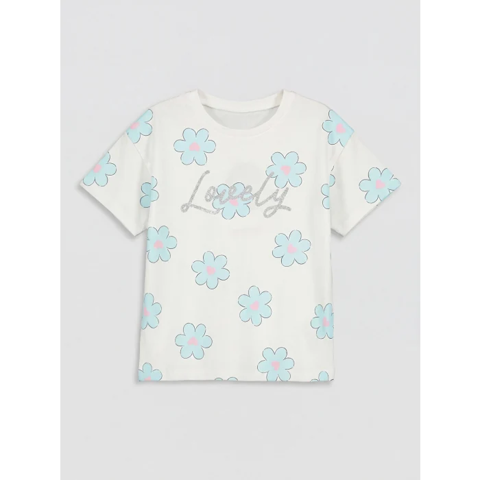 LCW Kids Ekru Simli Çiçekli Kız Çocuk Şortlu Takım