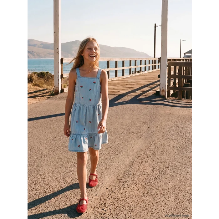LCW Kids Mavi Kare Yaka Nakışlı Kız Çocuk Jean Elbise