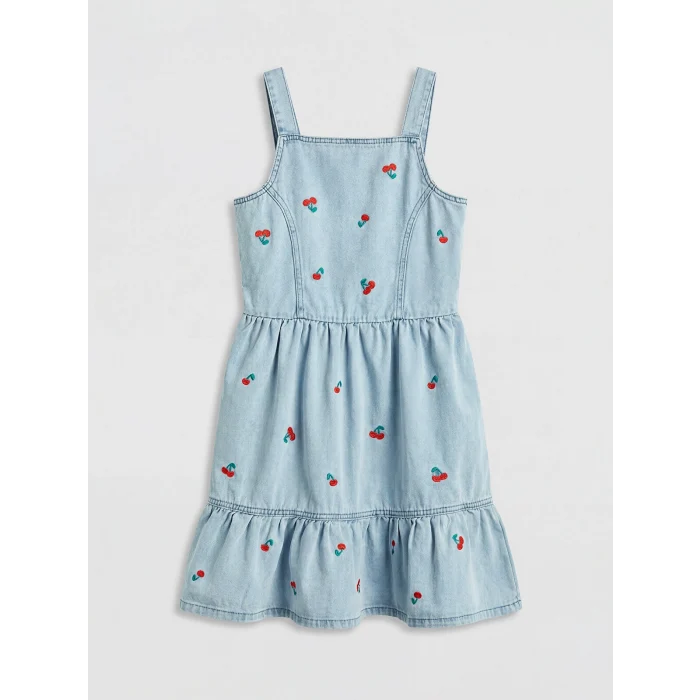 LCW Kids Mavi Kare Yaka Nakışlı Kız Çocuk Jean Elbise
