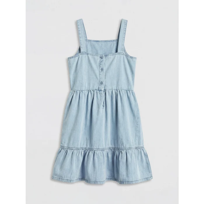 LCW Kids Mavi Kare Yaka Nakışlı Kız Çocuk Jean Elbise