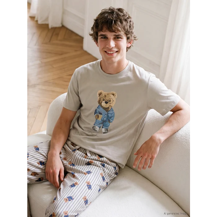 LC WAIKIKI Bej Regular Fit Teddy Baskılı Erkek Pijama Takım