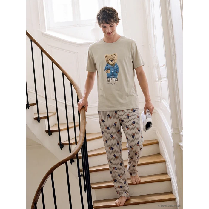 LC WAIKIKI Bej Regular Fit Teddy Baskılı Erkek Pijama Takım