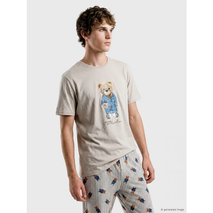 LC WAIKIKI Bej Regular Fit Teddy Baskılı Erkek Pijama Takım