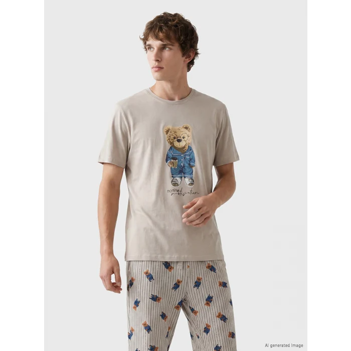 LC WAIKIKI Bej Regular Fit Teddy Baskılı Erkek Pijama Takım