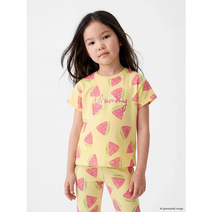 LCW Kids Sarı Simli Baskılı Kız Çocuk Tişört