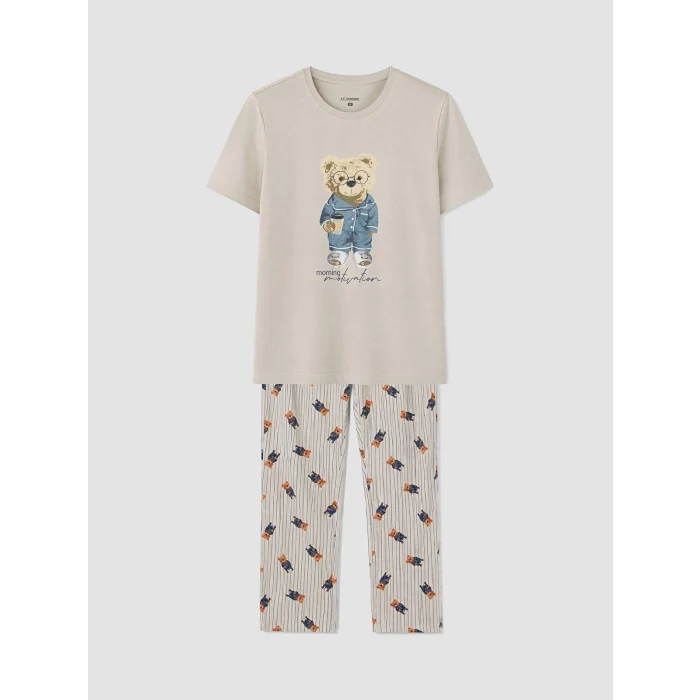 LC WAIKIKI Bej Regular Fit Teddy Baskılı Erkek Pijama Takım
