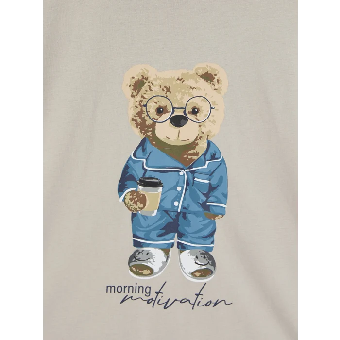 LC WAIKIKI Bej Regular Fit Teddy Baskılı Erkek Pijama Takım