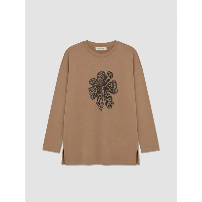 LCW EVERYDAY Kahverengi Çiçekli Oversize Soft Touch Kadın Tunik