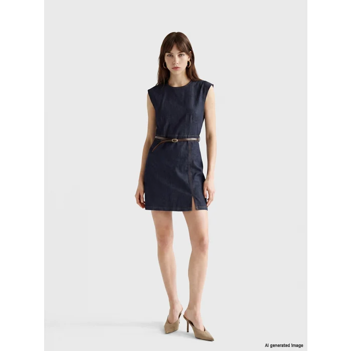 LCW Vision İndigo Kemerli Belden Oturtmalı Mini Jean Elbise