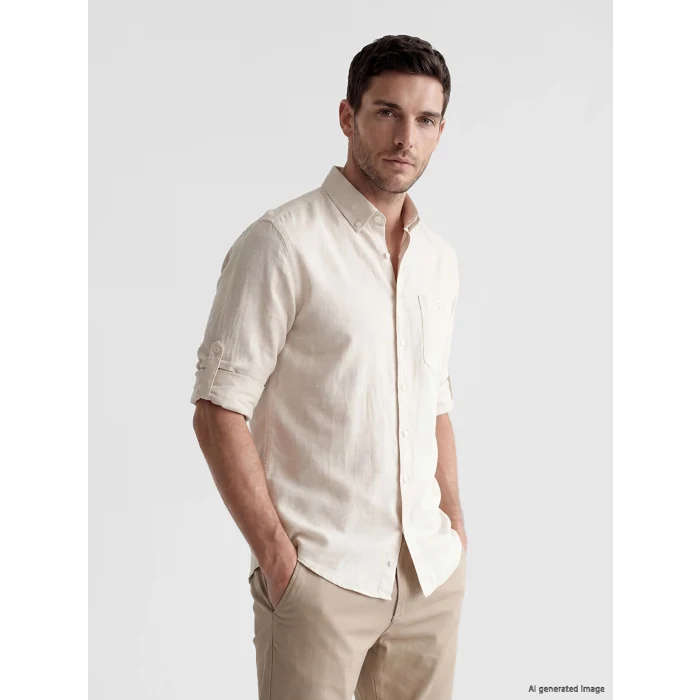 LCWAIKIKI Classic Bej Regular Fit Keten Karışımlı Erkek Gömlek