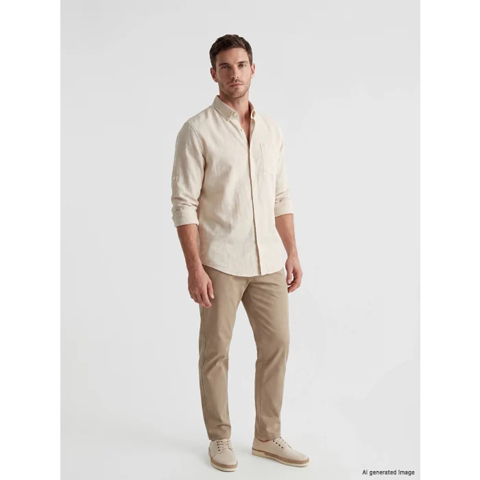 LCWAIKIKI Classic Bej Regular Fit Keten Karışımlı Erkek Gömlek