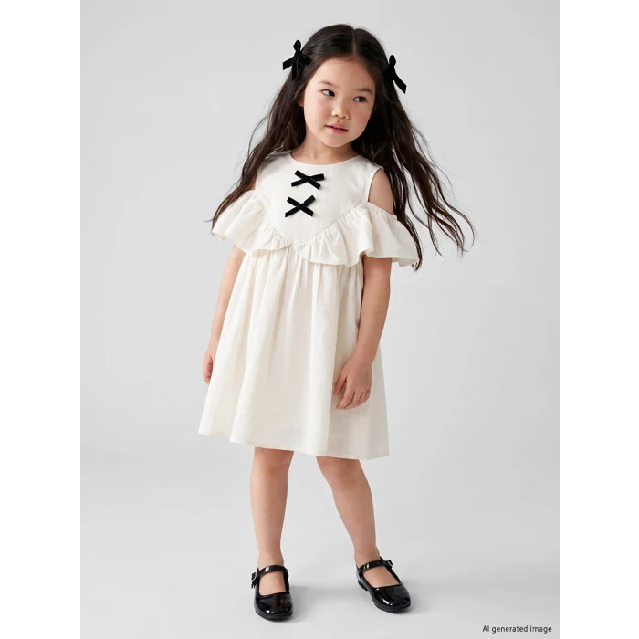 LCW Kids Ekru Kız Çocuk Fiyonklu Elbise