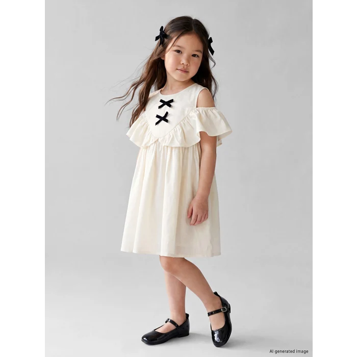 LCW Kids Ekru Kız Çocuk Fiyonklu Elbise