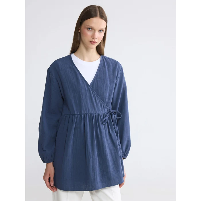 LCW Modest Lacivert Kruvaze Yaka Dokulu Kadın Kimono
