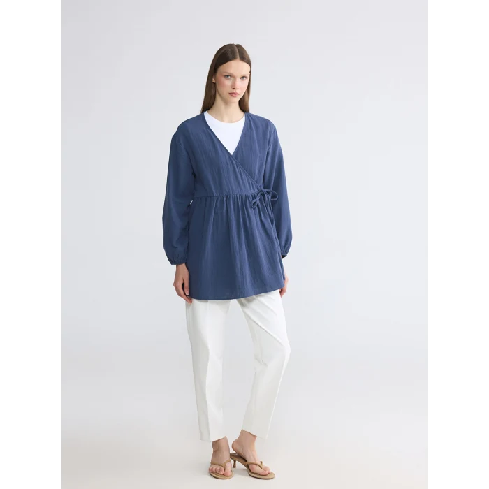 LCW Modest Lacivert Kruvaze Yaka Dokulu Kadın Kimono