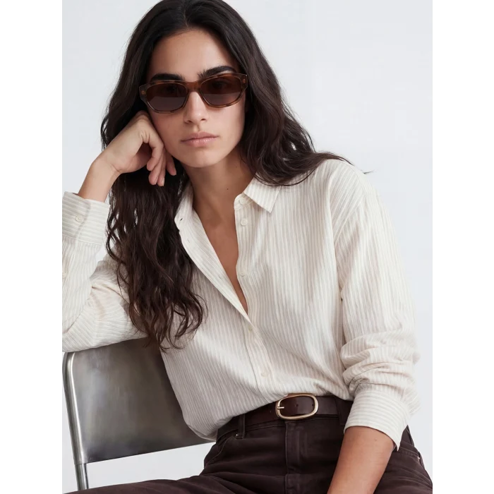LCW Vision Bej Çizgili Oversize Kadın Gömlek