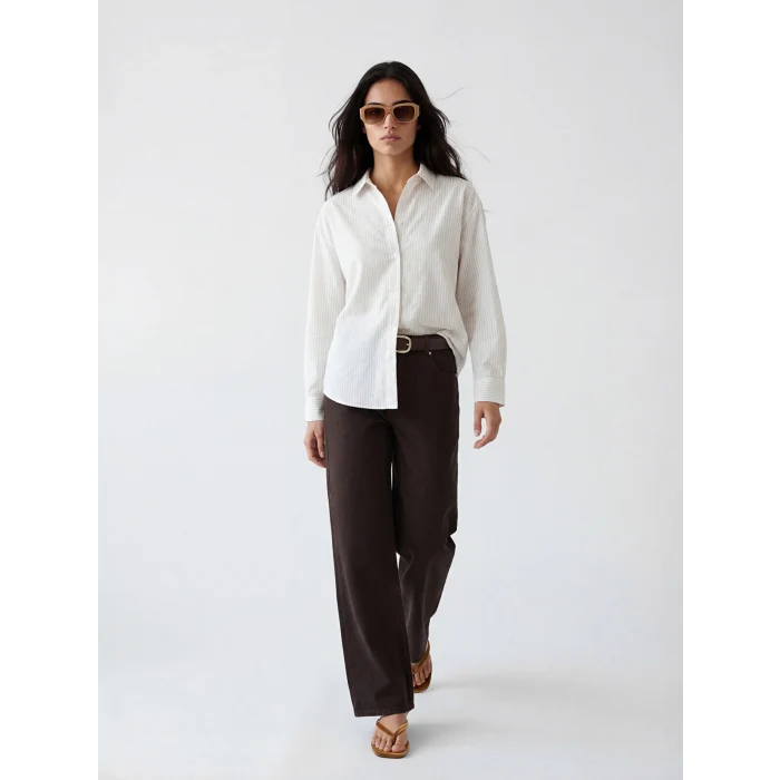 LCW Vision Bej Çizgili Oversize Kadın Gömlek