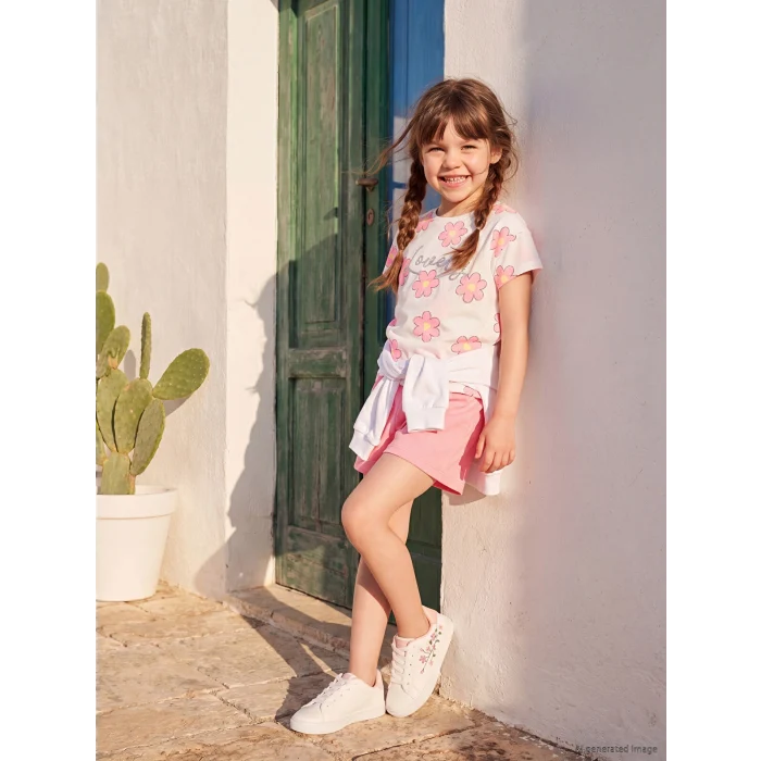 LCW Kids Ekru Simli Çiçekli Kız Çocuk Şortlu Takım