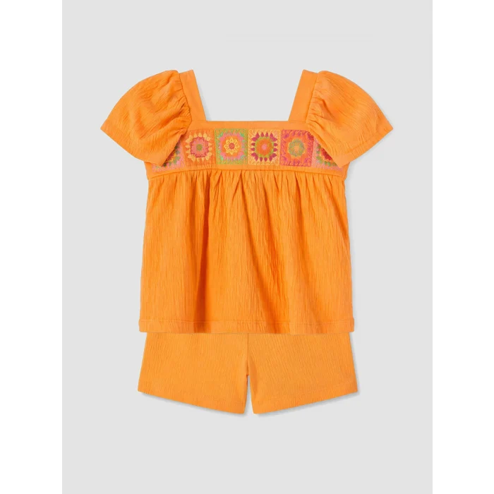 LCW Kids Turuncu Nakışlı Kız Çocuk Bluz ve Şort Takım