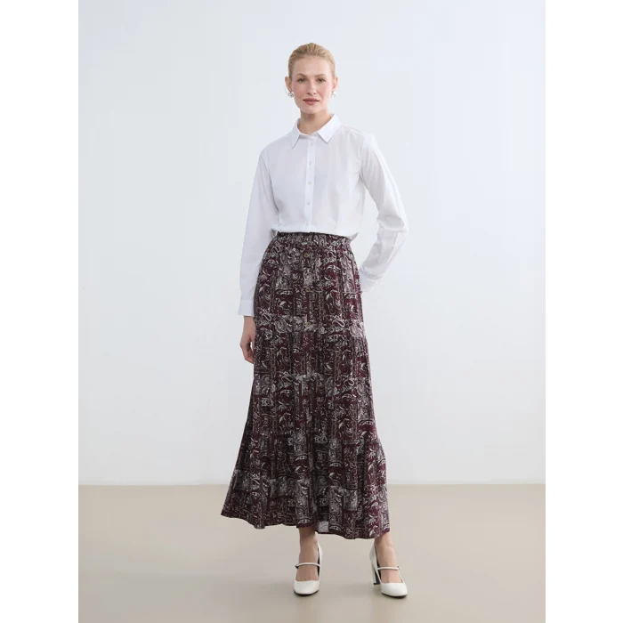 LCW Grace Bordo Beli Lastikli Desenli Etek
