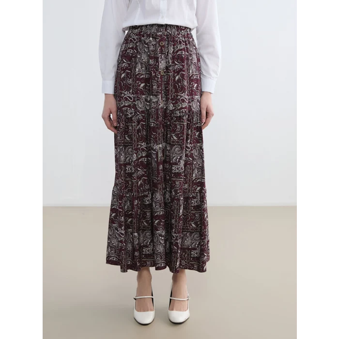 LCW Grace Bordo Beli Lastikli Desenli Etek