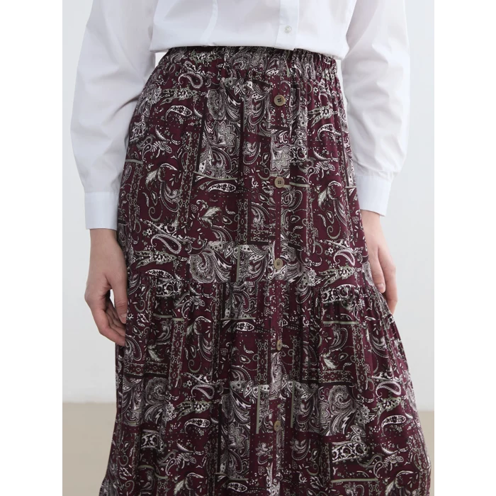 LCW Grace Bordo Beli Lastikli Desenli Etek