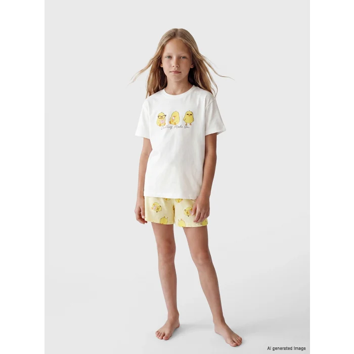 LCW Kids Ekru Baskılı Kız Çocuk Şortlu Pijama Takımı