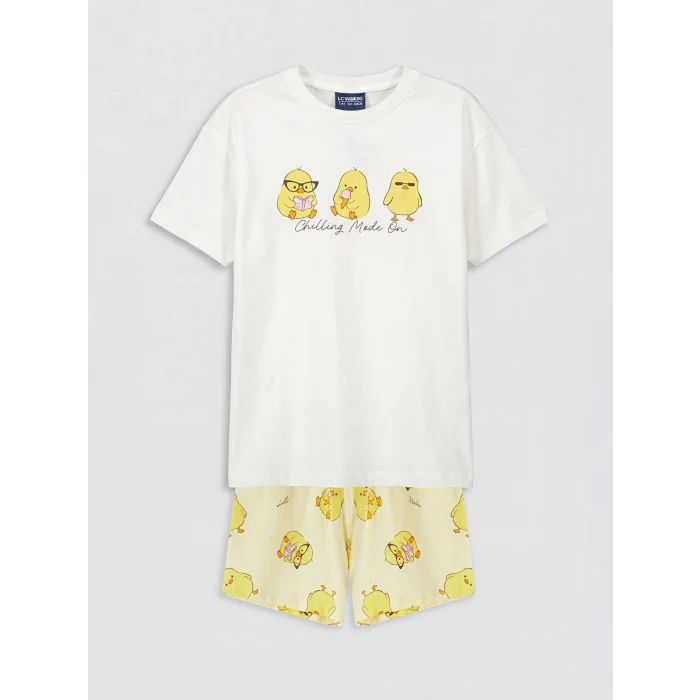 LCW Kids Ekru Baskılı Kız Çocuk Şortlu Pijama Takımı