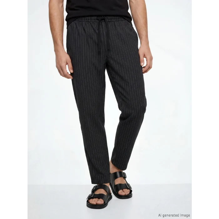 LC WAIKIKI Siyah Bisiklet Yaka Çizgili Erkek Pijama Takım
