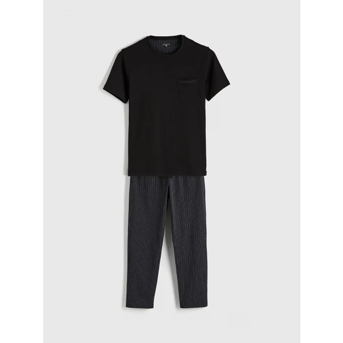 LC WAIKIKI Siyah Bisiklet Yaka Çizgili Erkek Pijama Takım